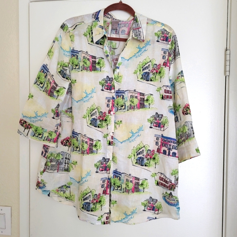 Chico Blouse Size 2 Atlantic Buildings No Iron Linen Comfy